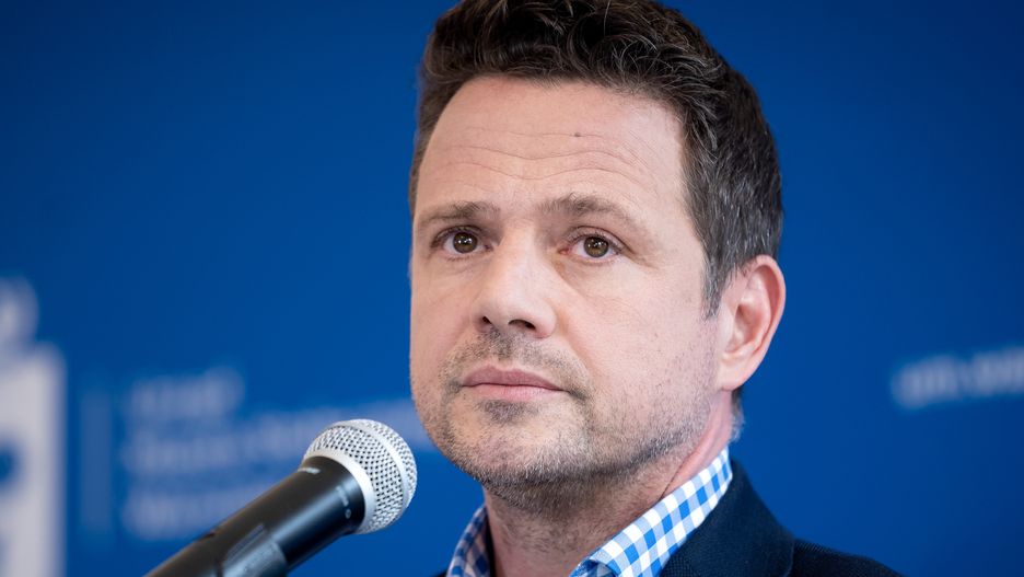 Mayor of the Capital City Of Warsaw, Rafal Trzaskowski, during a press conference on the Ukrainian refugee crisis, in Warsaw, Poland on April 21, 2022 (Photo by Mateusz Wlodarczyk/NurPhoto via Getty Images)