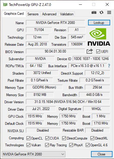 GeForce GTX 2080 - specyfikacja