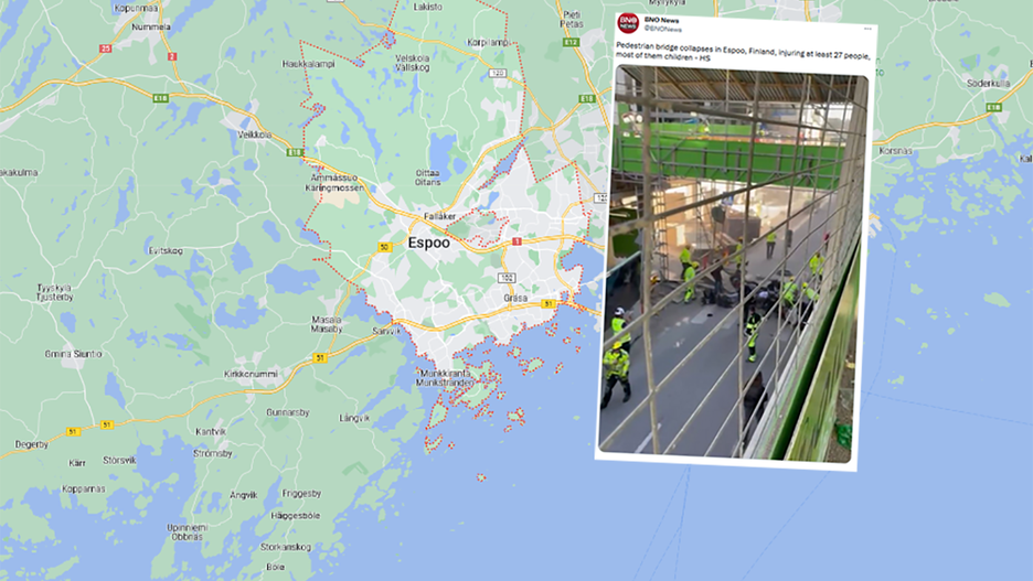 Miejsce tragicznego zawalenia się kładki dla pieszych w Finlandii.