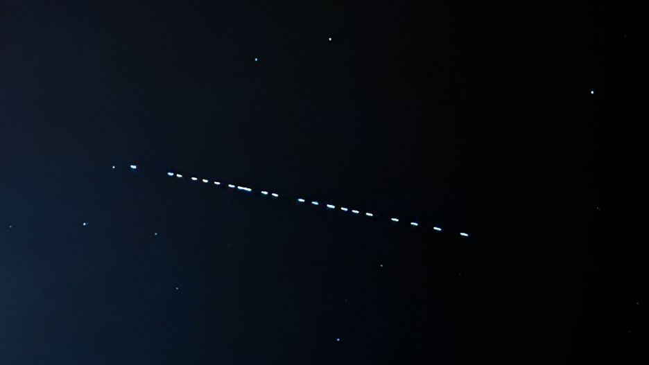 Starlink satellites passage is seen on the sky in southern Poland on November 1, 2024. (Photo by Jakub Porzycki/NurPhoto via Getty Images)