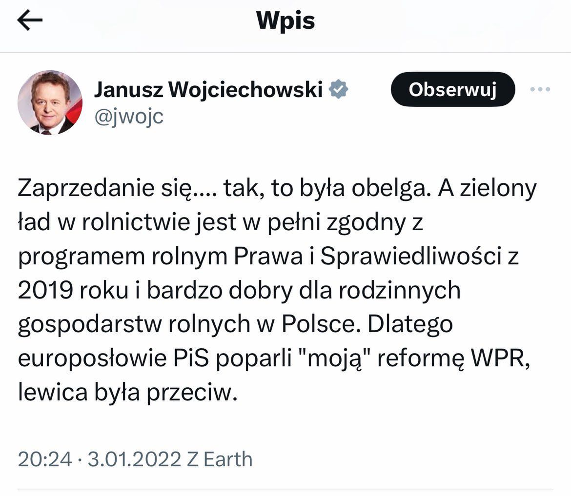 Janusz Wojciechowski z PiS popierał Zielony Ład