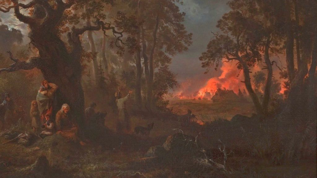 Pożar wsi na obrazie Franciszka Kostrzewskiego