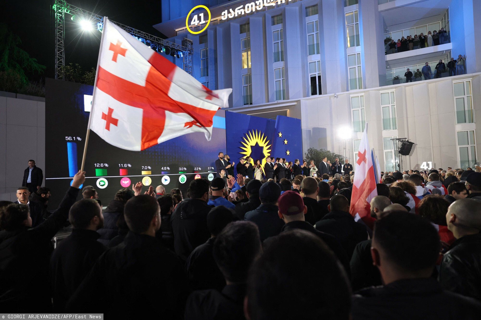 Temporary
Supporters and members of the ruling Georgian Dream party attend a gathering at the party's headquarters after exit polls were announced during parliamentary elections in Tbilisi on October 26, 2024. (Photo by Giorgi ARJEVANIDZE / AFP)
GIORGI ARJEVANIDZE