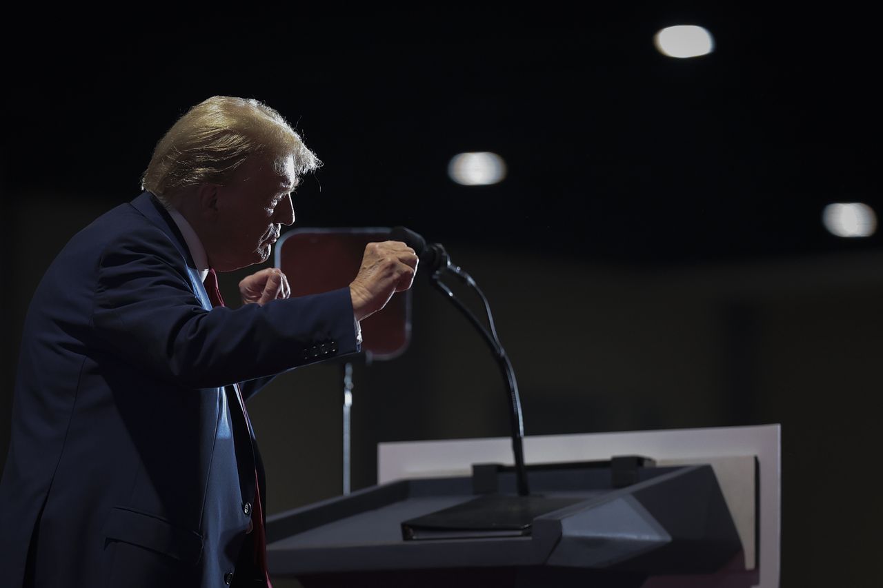 RICHMOND, VIRGINIA - MARCH 02: Republican presidential candidate and former President Donald Trump dances on stage after speaking at a Get Out the Vote Rally March 2, 2024 in Richmond, Virginia. Sixteen states, including Virginia, will vote during Super Tuesday on March 5. (Photo by Win McNamee/Getty Images)