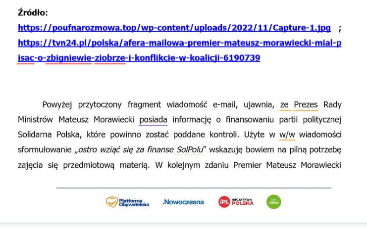 Zawiadomienie PO do prokuratury ws. maila premiera dotyczącym Zbigniewa Ziobry.