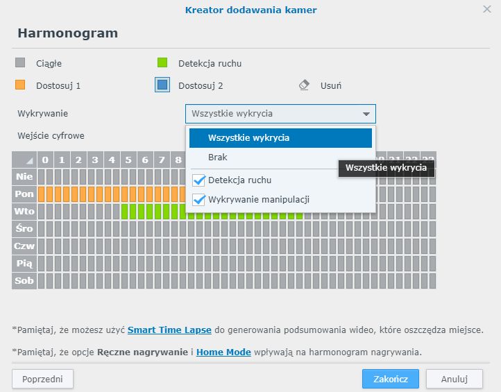 Podczas dodawania kamery można od razu ustalić jej harmonogram działania.