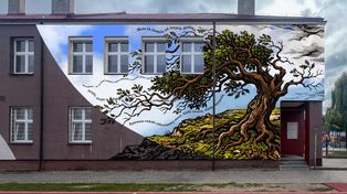 Mural na elewacji Szkoły Podstawowej nr 20 w Płocku. Dąb i cytaty Władysława Broniewskiego