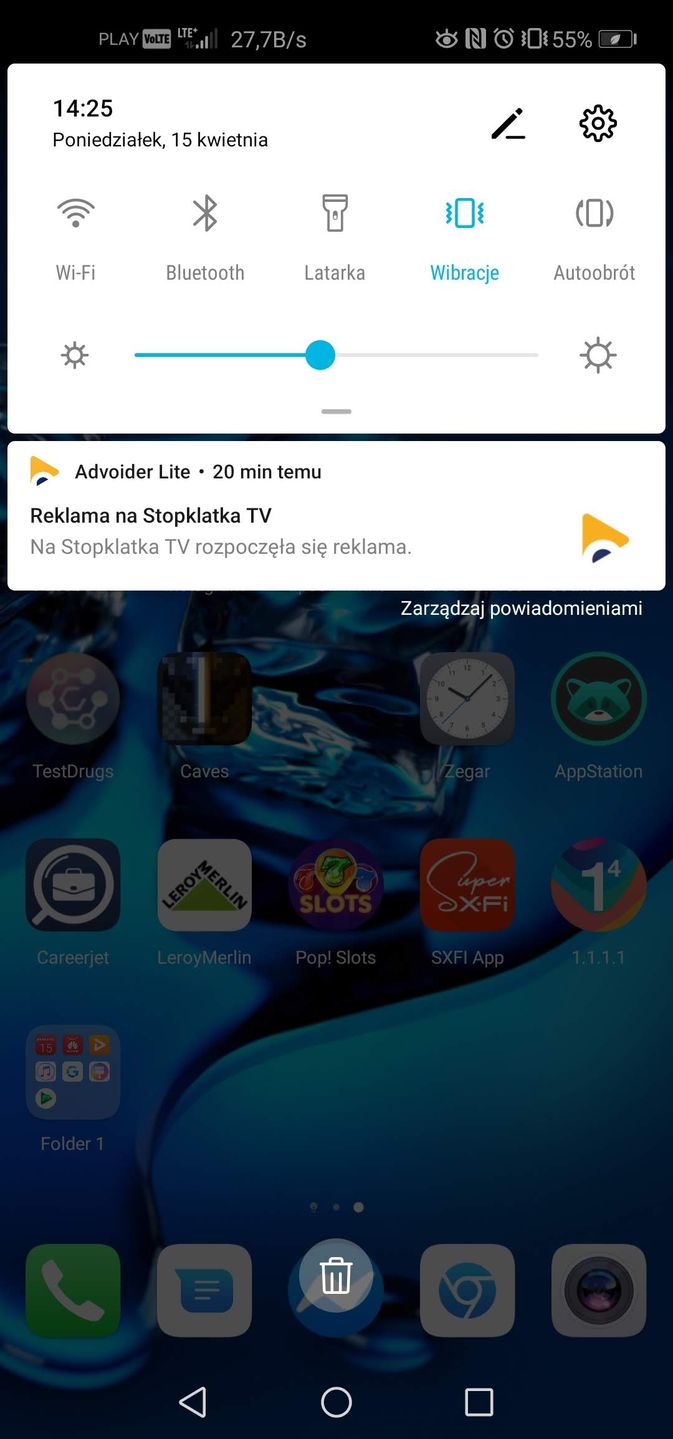 Widok powiadomienia o trwających reklamach
