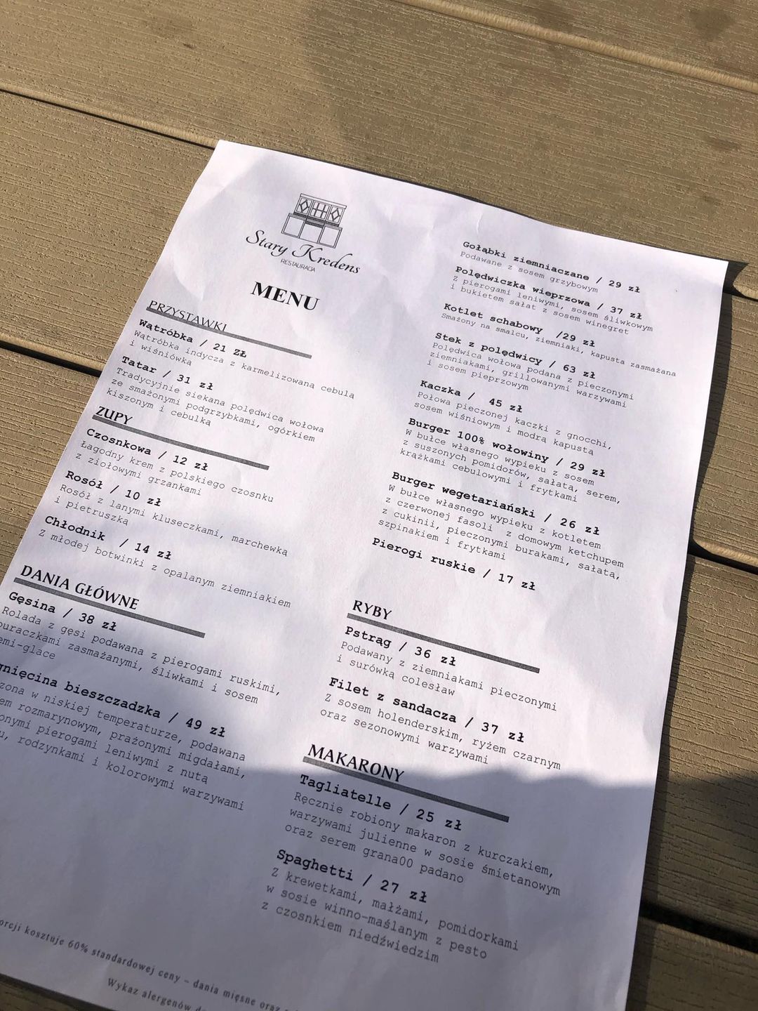 Menu restauracji Stary Kredens w Sanoku
