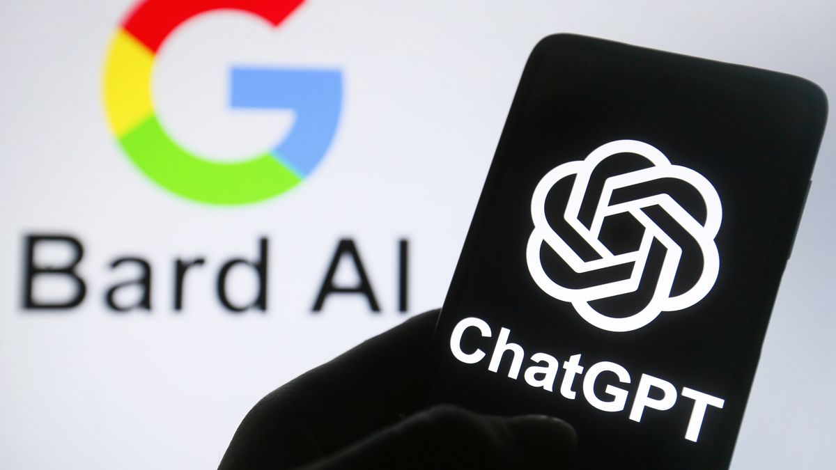 UKRAINE - 2023/02/21: In this photo illustration, a ChatGPT logo is seen on a smartphone with a Google Bard AI logo in the background. (Photo Illustration by Pavlo Gonchar/SOPA Images/LightRocket via Getty Images)