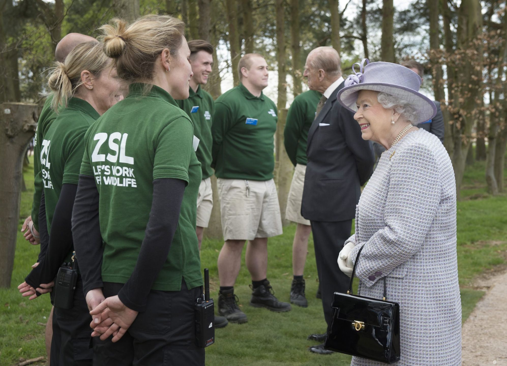 The Queen and Duke of Edinburgh during their visit  to Whipsnade Zoo to open the New  Centre for Elephant Care  which incorporates six giant Oak trees in its construction.  It will be the new home for the Zoo's population of nine elephants.

meetingsome of the zookeepers
Bedfordshire
11th  April 2017
