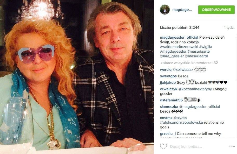 Magda Gessler w niebieskich okularach. Na zdj. Waldemarem Kozerawskim (fot. Instagram)