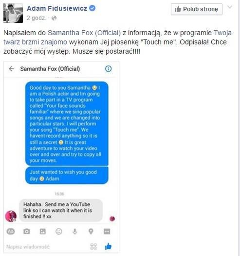 Adam Fidusiewicz napisał do Samanthy Fox. Odpisała