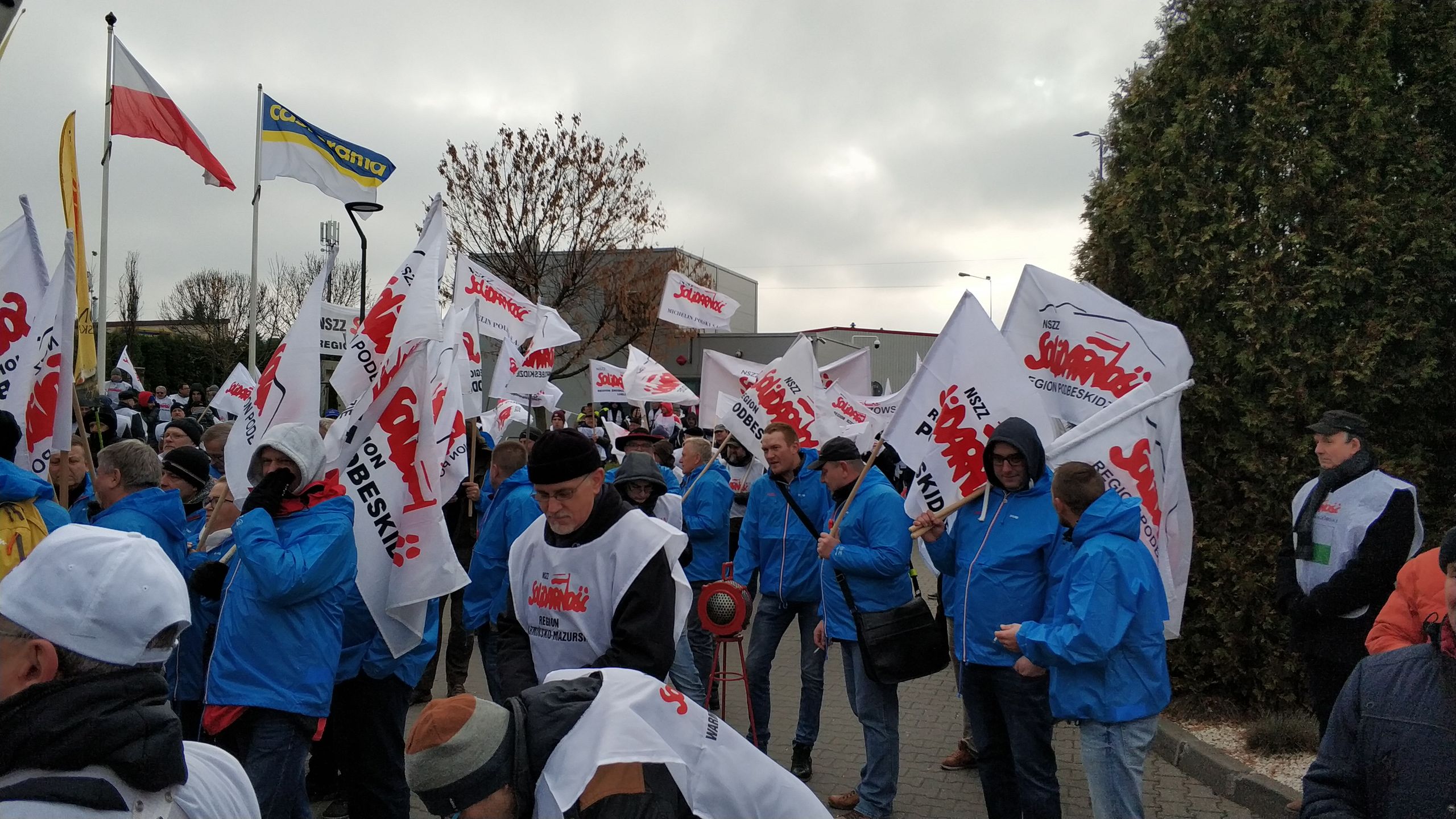 Członkowie "Solidarności" przyjechali z całej Polski pod siedzibę Castoramy. 