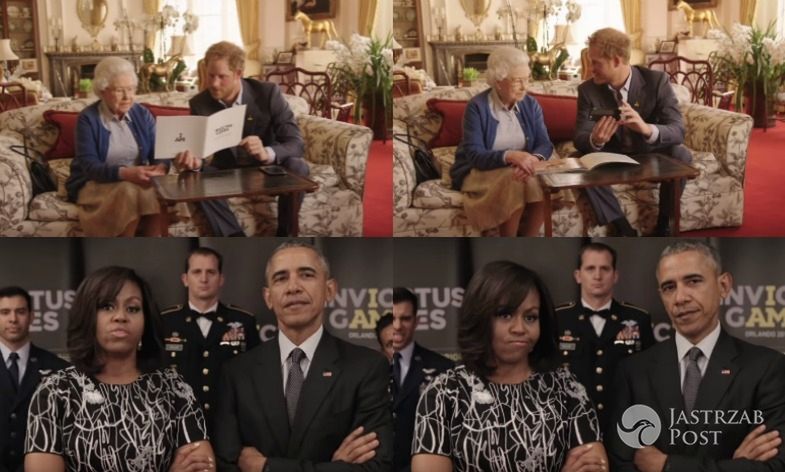Reklama z królową Elżbietą, księciem Harrym i Obamami