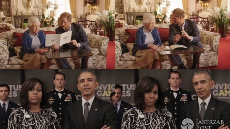 Reklama z królową Elżbietą, księciem Harrym i Obamami