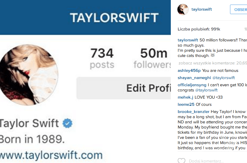 Taylor Swift na Instagramie