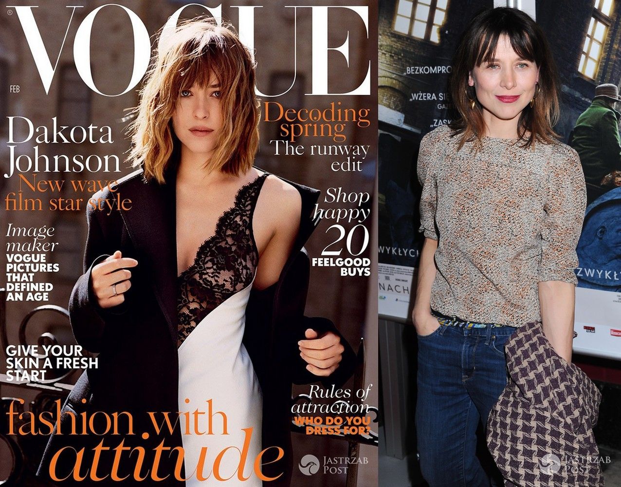 Dakota Johnson na okładce brytyjskiego "Vogue'a" (luty 2016) i Katarzyna Herman (fot. Vogue, ONS)