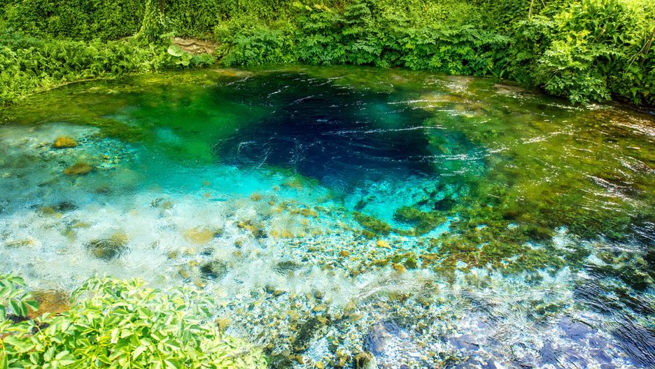 Woda w centralnej części źródła ma ciemniejszy, prawie granatowy kolor i tym samym przypomina tęczówkę