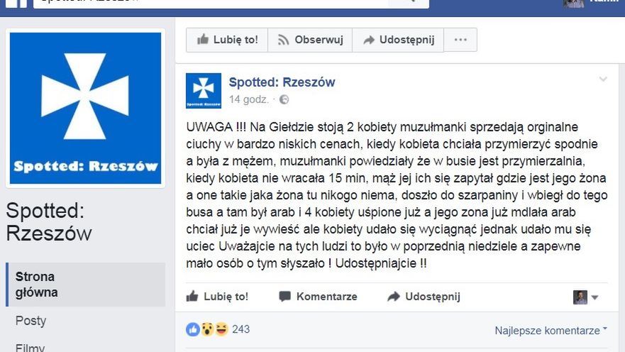 Zmyślona historyjka publikowana na profilach "Spotted"