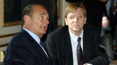 Premier Belgii Guy Verhofstadt (P) i prezydent Francji Jacques Chirac