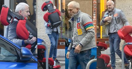 Zarośnięty Hubert Urbański walczy z dziecięcymi fotelikami, sprzątając samochód (ZDJĘCIA)