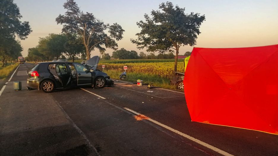 Koźmin Wielkopolski, 26.08.2022. Miejsce śmiertelnego wypadku na dk 15 pomiędzy Wałkowem a Koźminem Wielkopolskim, 26 bm. Małżeństwo seniorów z Poznania poniosło śmierć, a ich 13-letni wnuczek trafił do szpitala. Ze wstępnych ustaleń policji wynika, że 76-letni kierowca z nieustalonych przyczyn zjechał na przeciwległy pas drogi i doprowadził do czołowego zderzenia z drugim samochodem osobowym. (mr) PAP/KPP Krotoszyn HANDOUT EDITORIAL USE ONLY NO SALES ***Zdjęcie do depeszy PAP pt. Krotoszyn/ 2 ofiary śmiertelne wypadku; nie żyją dziadkowie 13-latka, który trafił do szpitala***