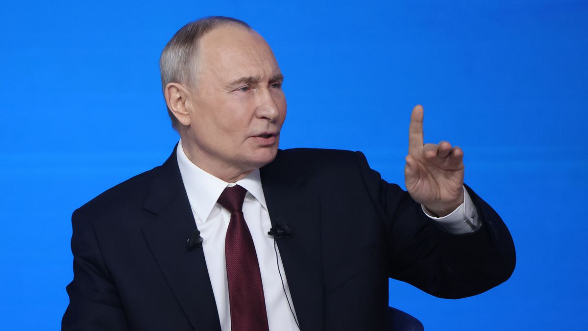 MOSCOW, RUSSIA - DECEMBER 19: Russian President Vladimir Putin gestures during his annual joint call-in-show and press conference, on December 19, 2025 in Moscow, Russia. During the broadcast of "Direct Line With Vladimir Putin," the annual call-in-show and press conference, Russian President Vladimir Putin takes questions from journalists and citizens calling in from across Russia.  (Photo by Contributor/Getty Images)