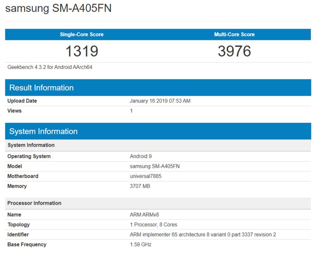 Samsung Galaxy A40 (SM-A405FN) w bazie Geekbench
