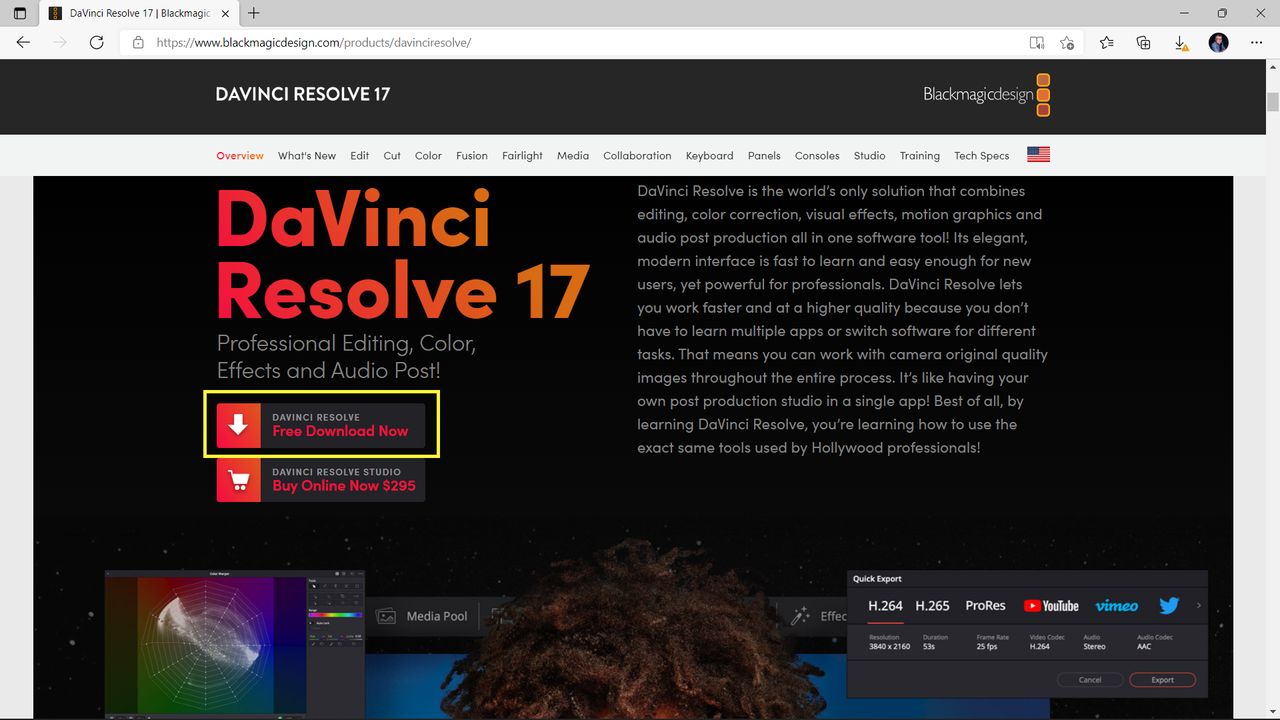 DaVinci Resolve: przycisk pobrania