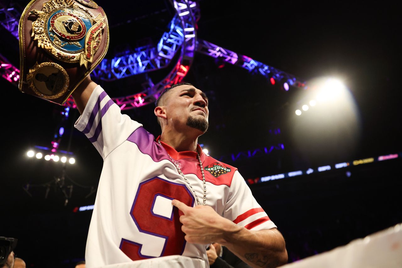 LAS VEGAS, NEVADA - FEBRUARY 08: Teofimo Lopez celebrates defeating Jamaine Ortiz to retain the WBO junior welterweight title at Michelob ULTRA Arena on February 08, 2024 in Las Vegas, Nevada. (Photo by Jamie Squire/Getty Images)