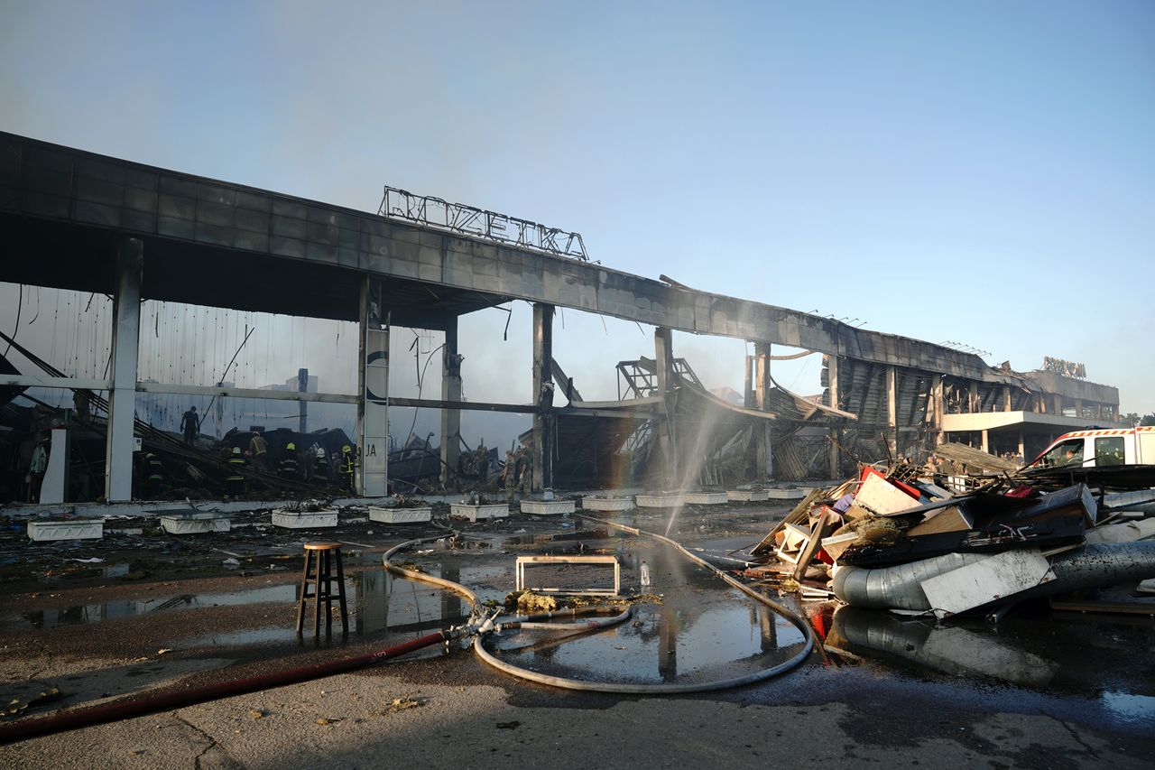 The destroyed shopping center in Kremenchuk