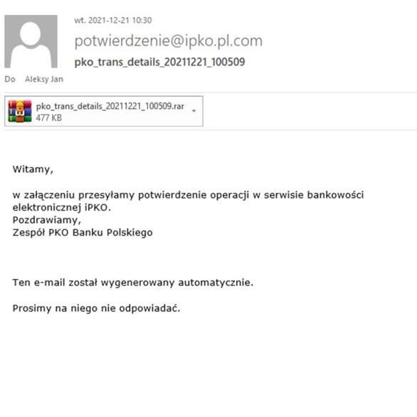 Fałszywe potwierdzenie płatności PKO BP. Nie otwieraj załącznika