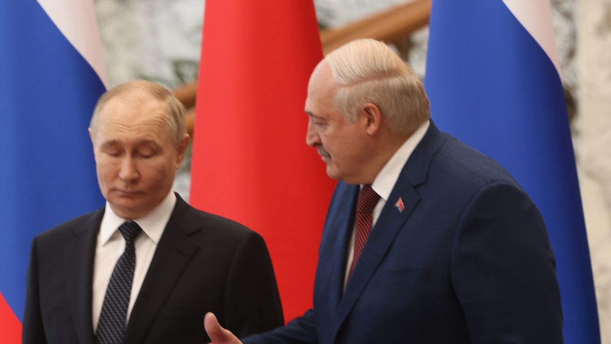 MINSK, BELARUS - MAY 24 (RUSSIA OUT) Russian President Vladimir Putin (L) and Belarusian President Alexander Lukashenko (R) pose for a joint photo during their meeting at the Palace of Independence on May 24, 2024 in Minsk, Belarus. Vladimir Putin is having a two-day visit to Belarus. (Photo by Contributor/Getty Images)