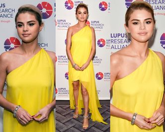 Blond Selena Gomez w żółtej sukni na gali charytatywnej
