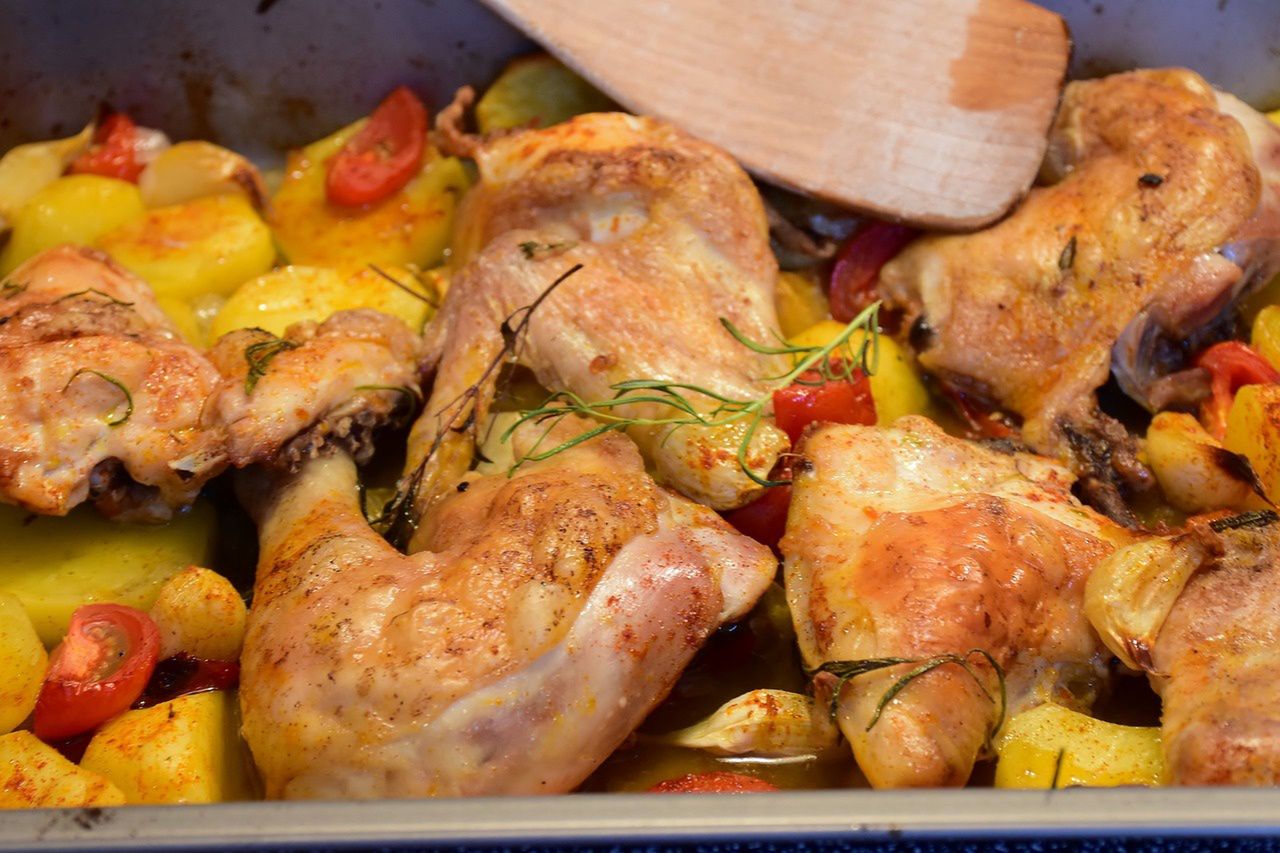 Braised chicken thighs with potatoes are a great one-pot meal idea.