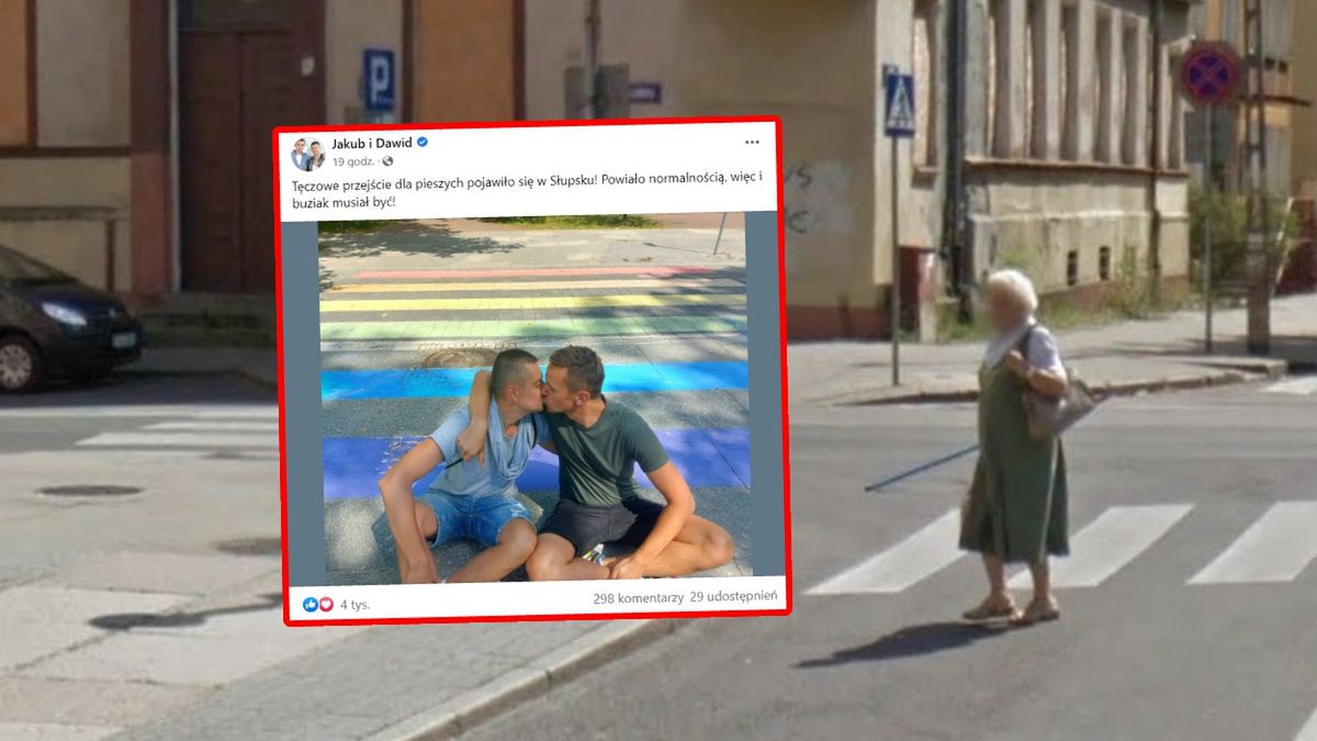 Jakub i Dawid zdążyli zrobić sobie zdjęcie na tęczowym przejściu dla pieszych w Słupsku, ale niedługo potem przejście zostało zniszczone