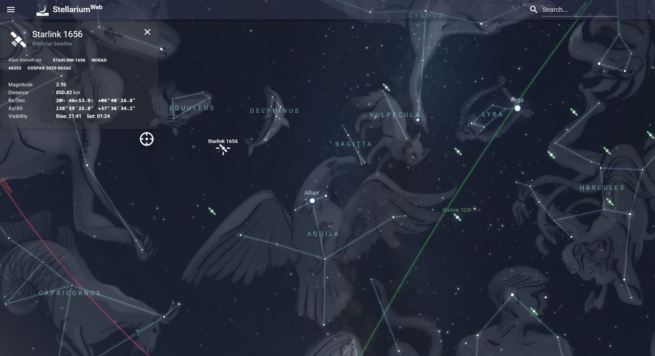 Przykładowe informacje o satelicie Starlink w Stellarium
