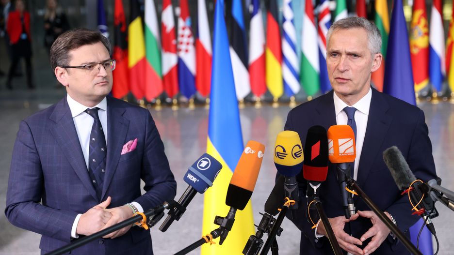 BRUSSELS, BELGIUM - APRIL 07: Ukraine's Foreign Minister Dmytro Kuleba (L) and NATO Secretary General Jens Stoltenberg give a press conference before a meeting of NATO foreign ministers at NATO headquarters, in Brussels, on April 7, 2022. (Photo by Dursun Aydemir/Anadolu Agency via Getty Images)
