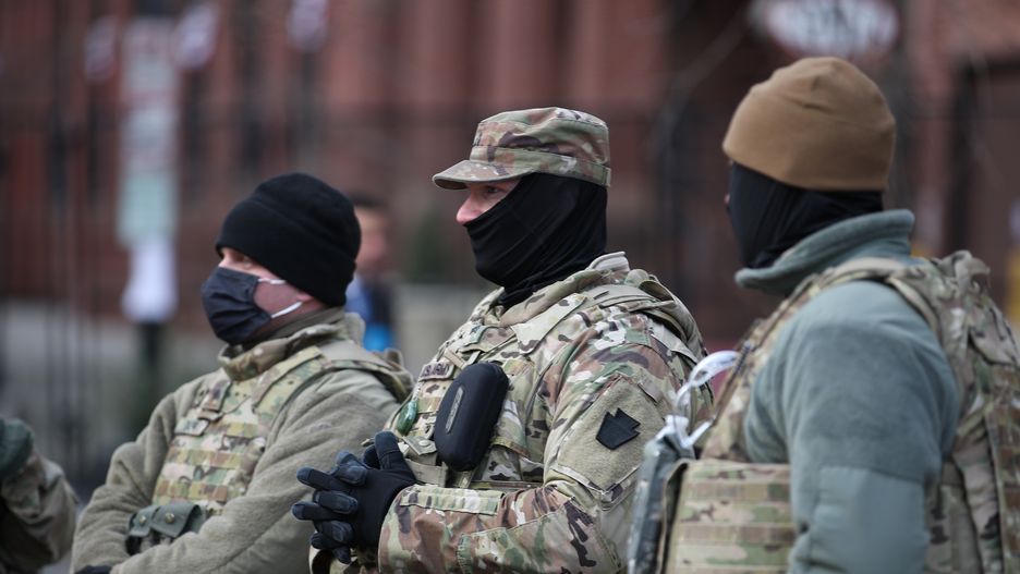 WASHINGTON D.C., USA - JANUARY 20: Security measures are taken near Capitol building and the White House by National Guard soldiers on the inauguration day for President-elect Joe Biden, in Washington, D.C., United States, on January 20, 2021. (Photo by Tayfun Coskun/Anadolu Agency via Getty Images)