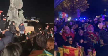 Kibice z Portugalii weszli na pomnik warszawskiej Syreny. Wypłynęło nagranie
