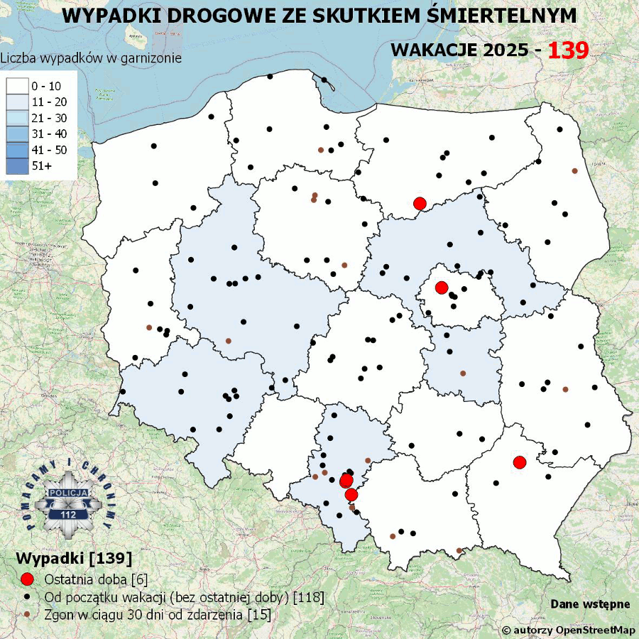 Mapa przedstawiająca wypadki drogowe ze skutkiem śmiertelnym w Polsce, z oznaczeniem miejsc zdarzeń.