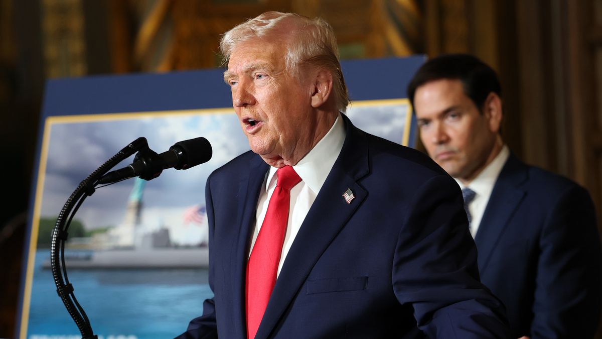 PALM BEACH, FLORIDA - DECEMBER 22: U.S. President Donald Trump, joined by U.S. Secretary of State Marco Rubio, announces the creation of the “Trump-class” battleship during a statement to the media at Trump’s Mar-a-Lago estate on December 22, 2025 in Palm Beach, Florida. Trump announced the created of the new “Trump-class” battleship, which will become the centerpiece of the president’s “Golden Fleet” program to rebuild and strengthen U.S. shipbuilding. (Photo by Tasos Katopodis/Getty Images)