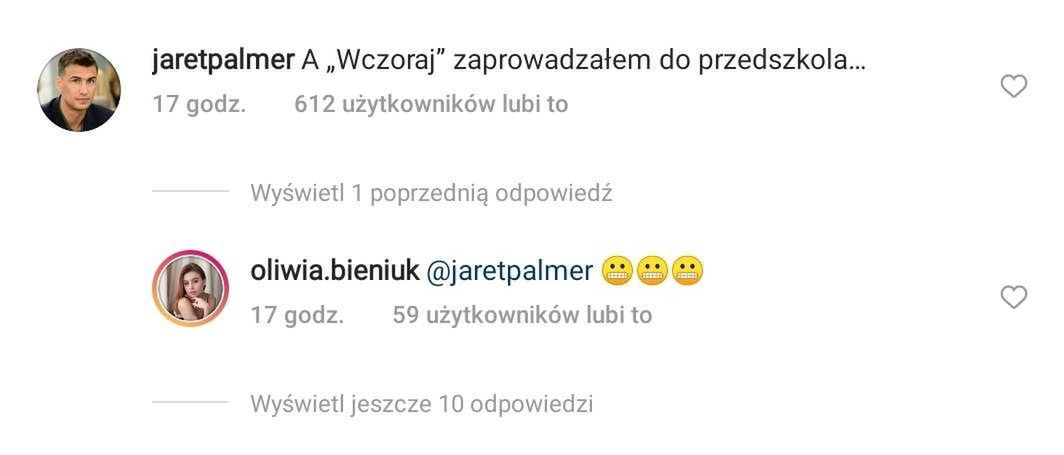 Jarosław i Oliwia Bieniukowie wymieniają komentarze na Instagramie