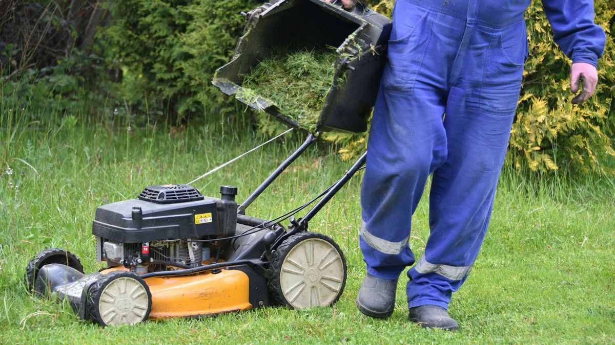 Mężczyzna kosi trawę