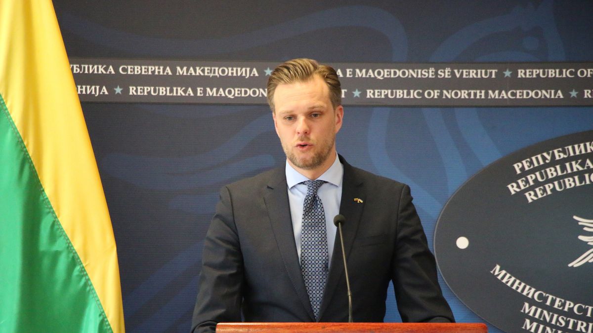 SKOPJE, NORTH MACEDONIA - MAY 03: Lithuania's Foreign Minister, Gabrielius Landsbergis speaks during a joint news conference with North Macedonian Foreign Minister, Bujar Osmani (not seen) following talks in Skopje, North Macedonia on May 03, 2022. (Photo by Husamedin Gina/Anadolu Agency via Getty Images)