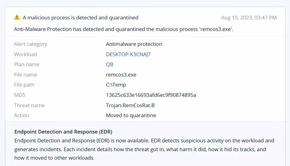 A tutaj trojan Remcos w sygnaturach firmy Acronis – oprogramowaniu ochronnym do zabezpieczania punktów końcowych.