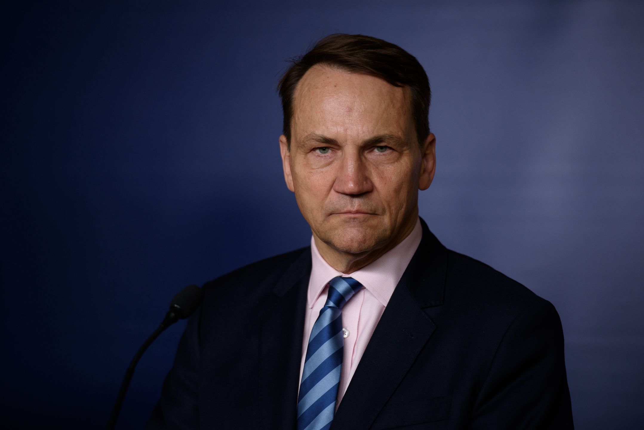 Polish Minister of Foreign Affairs Radoslaw Sikorski looks on during a press briefing with his counterpart, Slovakia's Foreign Minister Juraj Blanar at the Ministry of Foreign Affairs on March 13, 2025 in Warsaw, Poland.