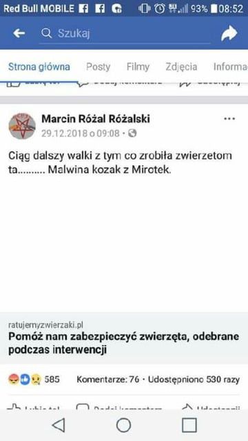 Screen posta na prywatnym profilu Marina Różalskiego