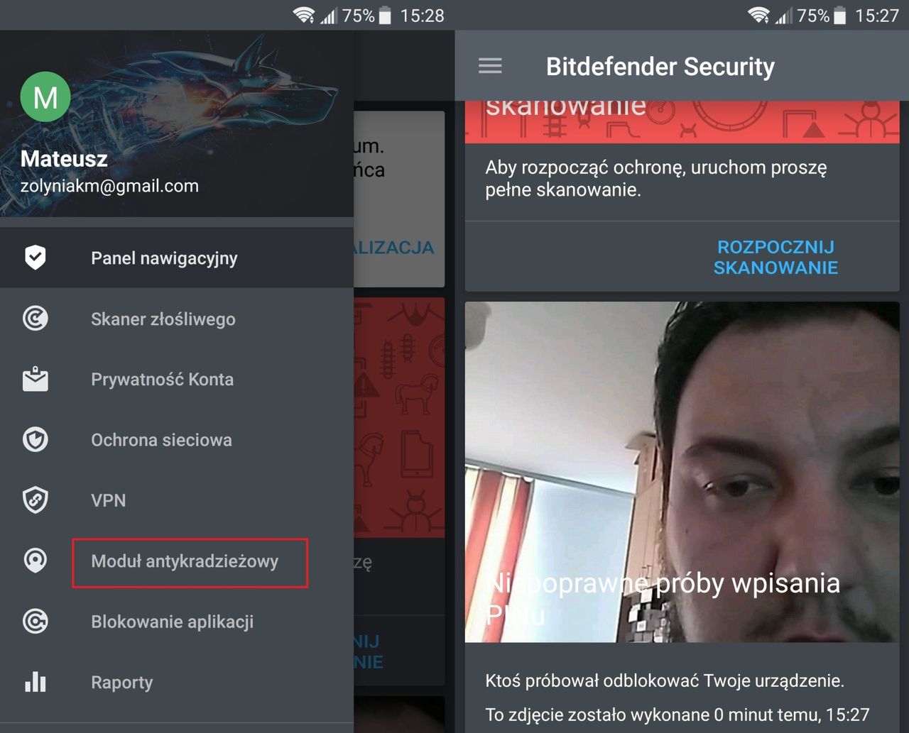 Moduł antykradzieżowy w aplikacji Bitdefender